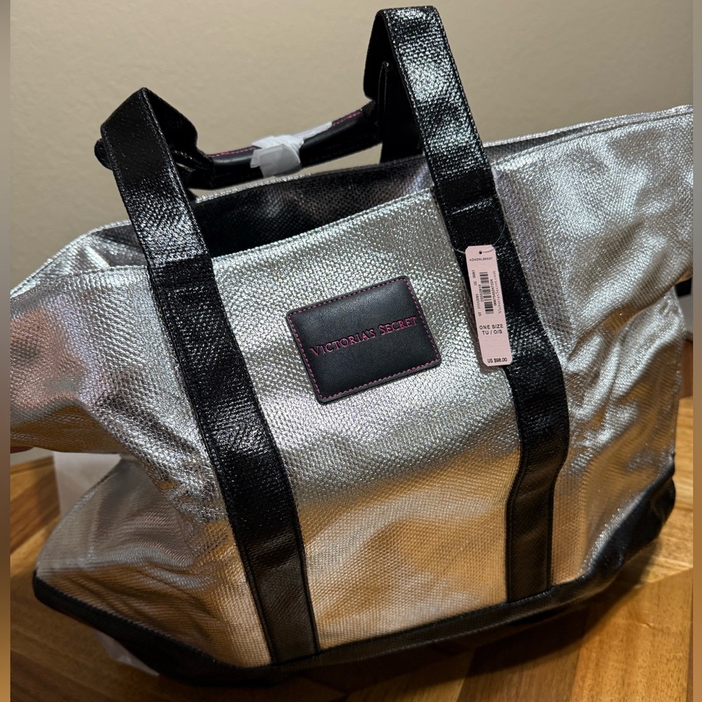 Victorias Secret Large Weekend Tote Bag Metallic Silver Black Limited Edition